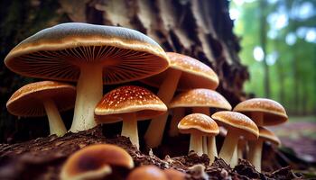 frisch fliegen Agaric Pilz inmitten entdeckt Laub Achtung generiert durch ai foto