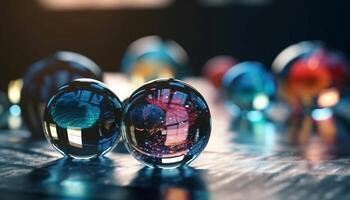 glänzend Glas Kugel beleuchtet im multi farbig Licht generiert durch ai foto