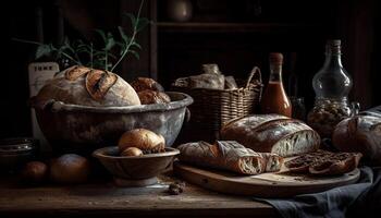 rustikal Weizen Brot gebacken frisch auf hölzern Tabelle generiert durch ai foto