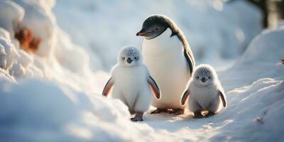 Baby Pinguin und seine Mutter Gehen im das Schnee, ai generativ foto