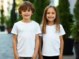 süß Geschwister oder Freund, Junge und Mädchen tragen leer leeren Weiß T-Shirt Attrappe, Lehrmodell, Simulation zum Design Vorlage, ai generiert foto