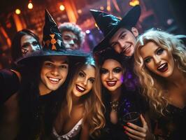 Gruppe von jung Menschen tragen Kostüme beim Halloween Party Trinken Cocktails und haben Spaß im Nachtclub, ai generiert foto