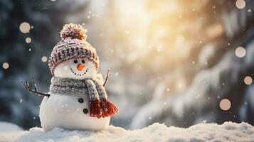 süß Schneemann im ein Deckel und Schal im Winter Schnee Szene Hintergrund, Feier Konzept, ai generiert foto