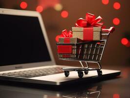 Einkaufen Wagen mit Geschenk Kisten auf Laptop zum schwarz Freitag Urlaub Konzept, Einkaufen online, ai generiert foto