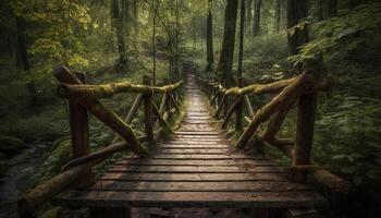 still Szene von nass Wald mit Brücke generiert durch ai foto