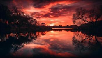 Silhouette von Baum zurück zündete durch beschwingt Sonnenuntergang Über Wasser generiert durch ai foto