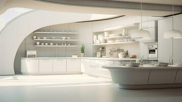 Küche Innere Weiß Ton modern Futurist ai generativ foto