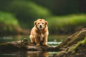 ein golden Hund Sitzung auf ein Log im das Wasser. KI-generiert foto