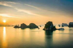 das Sonne setzt Über das Wasser im Halong Bucht, Vietnam. KI-generiert foto