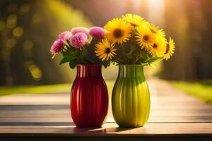 zwei bunt Vasen mit Blumen auf ein hölzern Tisch. KI-generiert foto