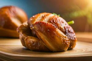 Hähnchen eingewickelt im Sesam Saat auf ein hölzern Tafel. KI-generiert foto