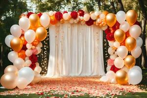 ein Hochzeit Bogen mit Luftballons und Blumen. KI-generiert foto