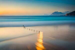 ein lange Exposition fotografieren von ein Strand beim Sonnenuntergang. KI-generiert foto
