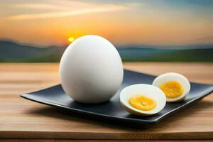 ein schwer gekocht Ei auf ein Teller mit ein Sonnenuntergang im das Hintergrund. KI-generiert foto