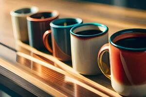 ein Reihe von Kaffee Tassen gefüttert oben auf ein Tisch. KI-generiert foto