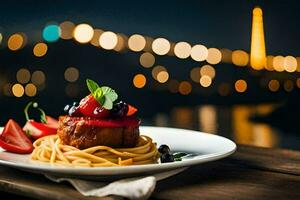 ein Teller von Pasta mit Beeren und ein Aussicht von das Eiffel Turm. KI-generiert foto