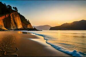 ein Strand mit Sand und Wasser beim Sonnenuntergang. KI-generiert foto