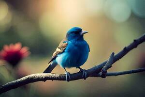 ein Blau Vogel sitzt auf ein Ast im Vorderseite von ein Blume. KI-generiert foto