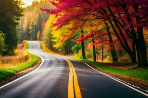 Herbst Straße im das Wald. KI-generiert foto