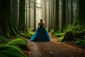 ein Frau im ein Blau Kleid Gehen durch ein Wald. KI-generiert foto