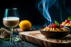 ein Schüssel von Dessert mit Beeren und ein Glas von Kaffee. KI-generiert foto