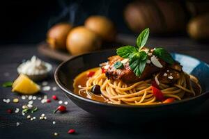 Spaghetti mit Fleisch und Gemüse im ein Schüssel. KI-generiert foto