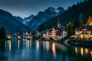 Foto Hintergrund das Himmel, Berge, Wasser, Häuser, Brücke, Stadt, Nacht, Fluss,. KI-generiert