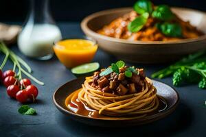 Spaghetti mit Fleisch und Soße auf ein Platte. KI-generiert foto