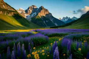 das Blumen von das Wiese, das Berge, und das Sonne. KI-generiert foto