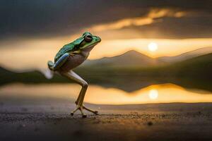 ein Frosch ist Springen auf das Boden beim Sonnenuntergang. KI-generiert foto