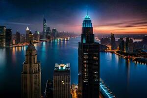 das Stadt Horizont beim Nacht im Dubai. KI-generiert foto