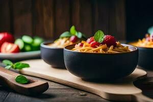 zwei Schalen von Pasta mit frisch Obst auf ein hölzern Tisch. KI-generiert foto