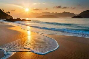 das Sonne steigt an Über das Ozean und Wellen auf ein Strand. KI-generiert foto