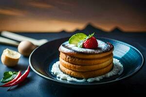 ein Stapel von Pfannkuchen auf ein schwarz Platte. KI-generiert foto