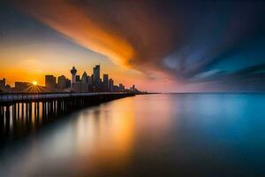 ein lange Exposition fotografieren von ein Stadt Horizont beim Sonnenuntergang. KI-generiert foto