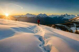 ein Person Gehen auf Schnee bedeckt Berg beim Sonnenuntergang. KI-generiert foto