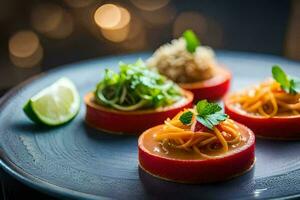 ein Teller von Essen mit Gemüse und ein Kalk. KI-generiert foto