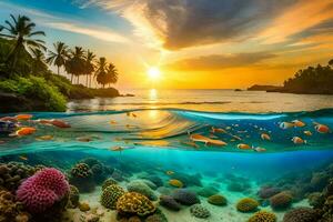 das Sonne setzt Über ein tropisch Ozean und Koralle Riffe. KI-generiert foto