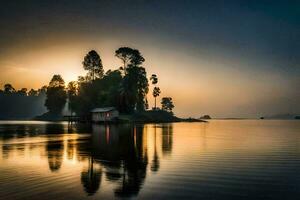ein klein Insel im das Mitte von ein See beim Sonnenuntergang. KI-generiert foto