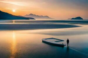 ein Mann steht auf das Ufer von ein See beim Sonnenuntergang. KI-generiert foto