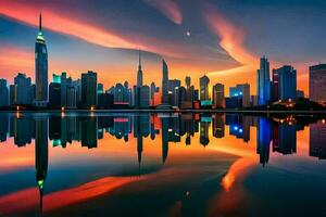 das Stadt Horizont beim Sonnenuntergang im Dubai. KI-generiert foto