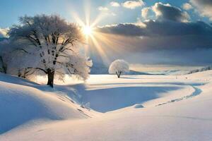 ein schneebedeckt Landschaft mit Bäume und Sonne. KI-generiert foto