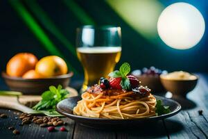 Spaghetti mit Fleisch, Obst und Bier auf ein hölzern Tisch. KI-generiert foto