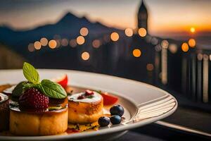 ein Teller von Essen mit Beeren und ein Aussicht von das Stadt. KI-generiert foto