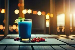 Blau trinken auf ein hölzern Tabelle mit Beleuchtung im das Hintergrund. KI-generiert foto