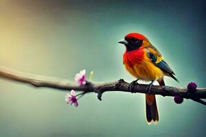 ein bunt Vogel sitzt auf ein Ast mit Rosa Blumen. KI-generiert foto