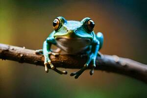 ein Frosch ist Sitzung auf ein Ast. KI-generiert foto