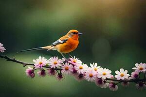 ein Vogel sitzt auf ein Ast mit Rosa Blumen. KI-generiert foto