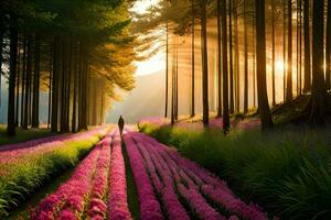 ein Person Gehen durch ein Feld von Rosa Blumen. KI-generiert foto