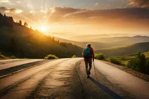 ein Wanderer Spaziergänge auf ein Straße im das Berge. KI-generiert foto